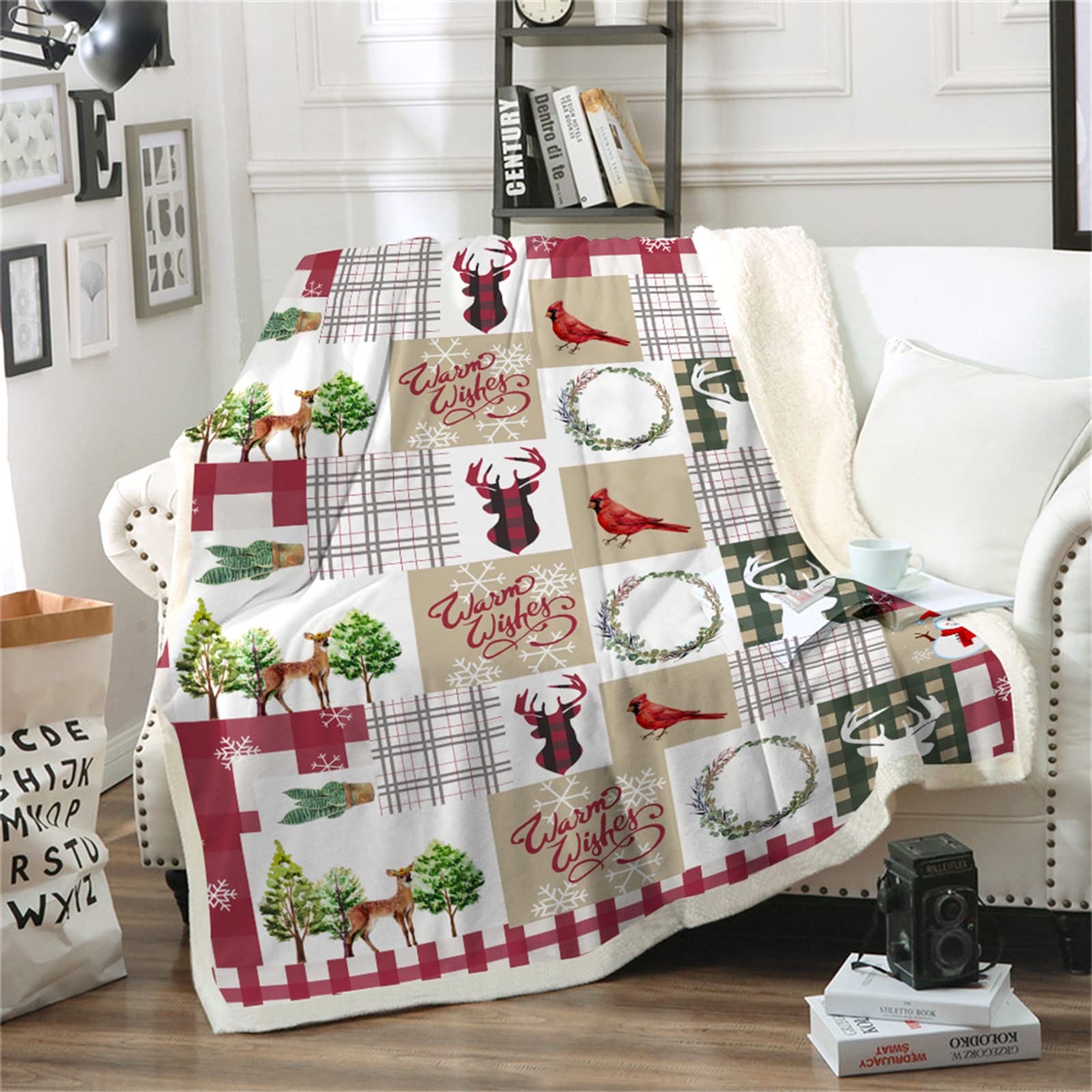 Christmas Throw Blanket Rustic Christmas Santa Tree Printed Solid Sherpa Blanket for Kids Teens Adults Soft Microfiber Bedding Fleece Blanket for Bed Couch 130x150cm