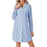 Vrtige Women's Cotton Striped Nightgown Collar V Neck Long Sleeve Button Down Nightwear Top Sleep Shirts Nightdress