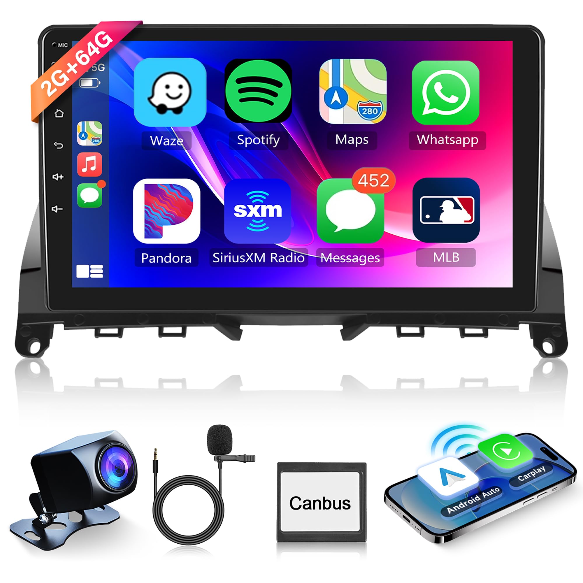 2G+64G Android Car Radio Stereo Wireless Carplay Android auto for Mercedes Benz C-Class C180 C200 C230 C250 C300 C350 W204 S204 2006-2011, Rimoody 9 inch Touchscreen GPS WiFi BT FM Backup Camera
