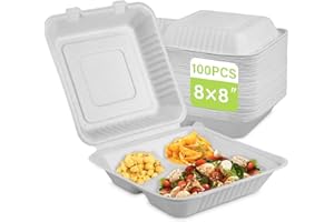 greensight Compostable Take Out Food Container 8X8, 100 Pack 3 Compartment Clamshell Food Container, Disposable To Go Food Boxes, Biodegradable Food Containers Made of White Sugar Cane Fibers