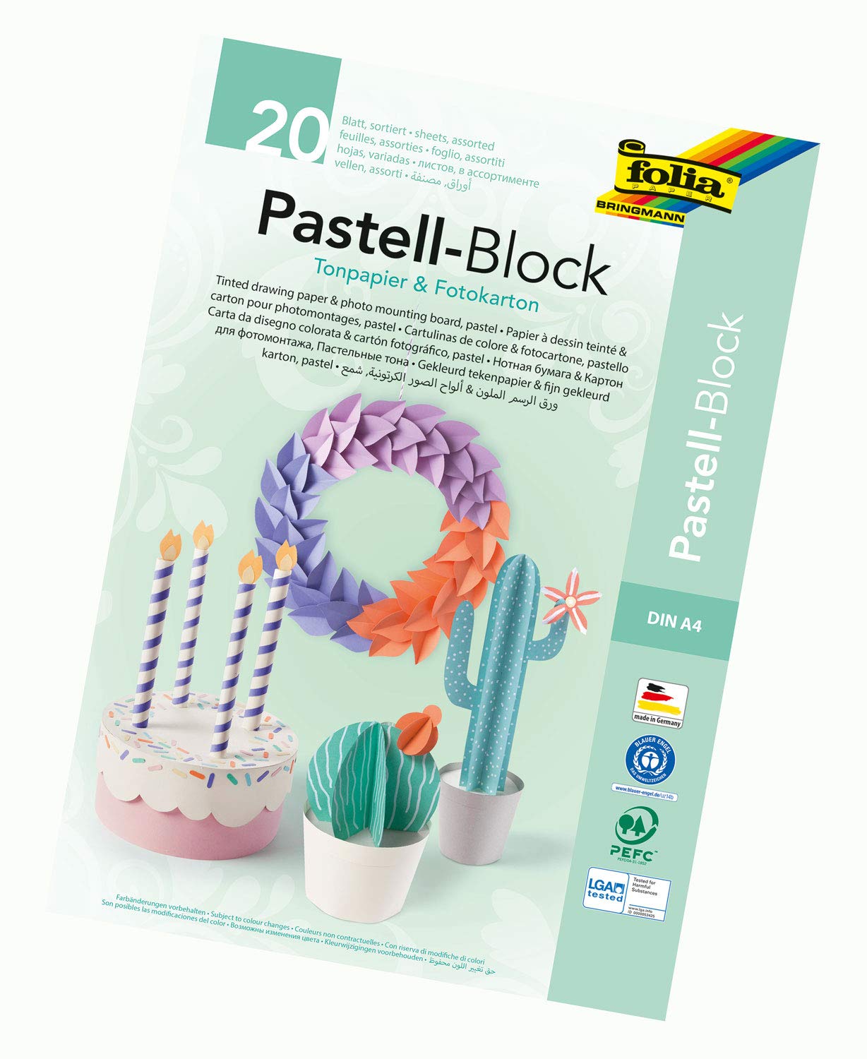 folia 678 Pastel Pad with 10 Sheets of Coloured Paper and Photo Card, DIN A4, Assorted Colours – The Ideal Base for Various Crafts