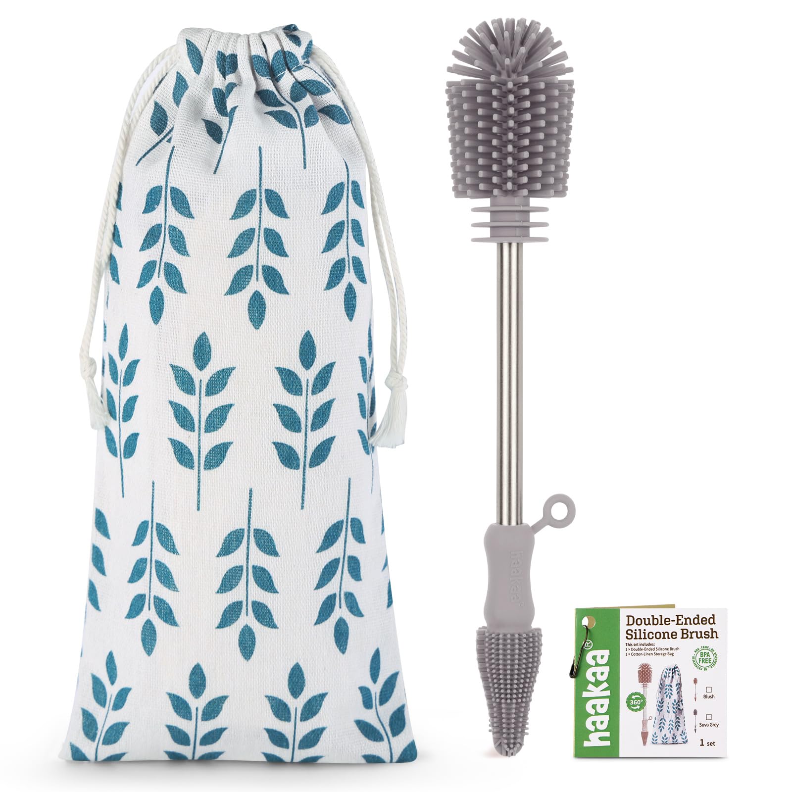 haakaa Silicone Cleaning Brush Kit-Baby Bottle Brush Scrubber for Breast Pump,Nipple,Breastmilk Storage Bag,Reusable Straws,Sippy Cup Soft Food Grade Silicone Bristle Portable - 1pk Grey