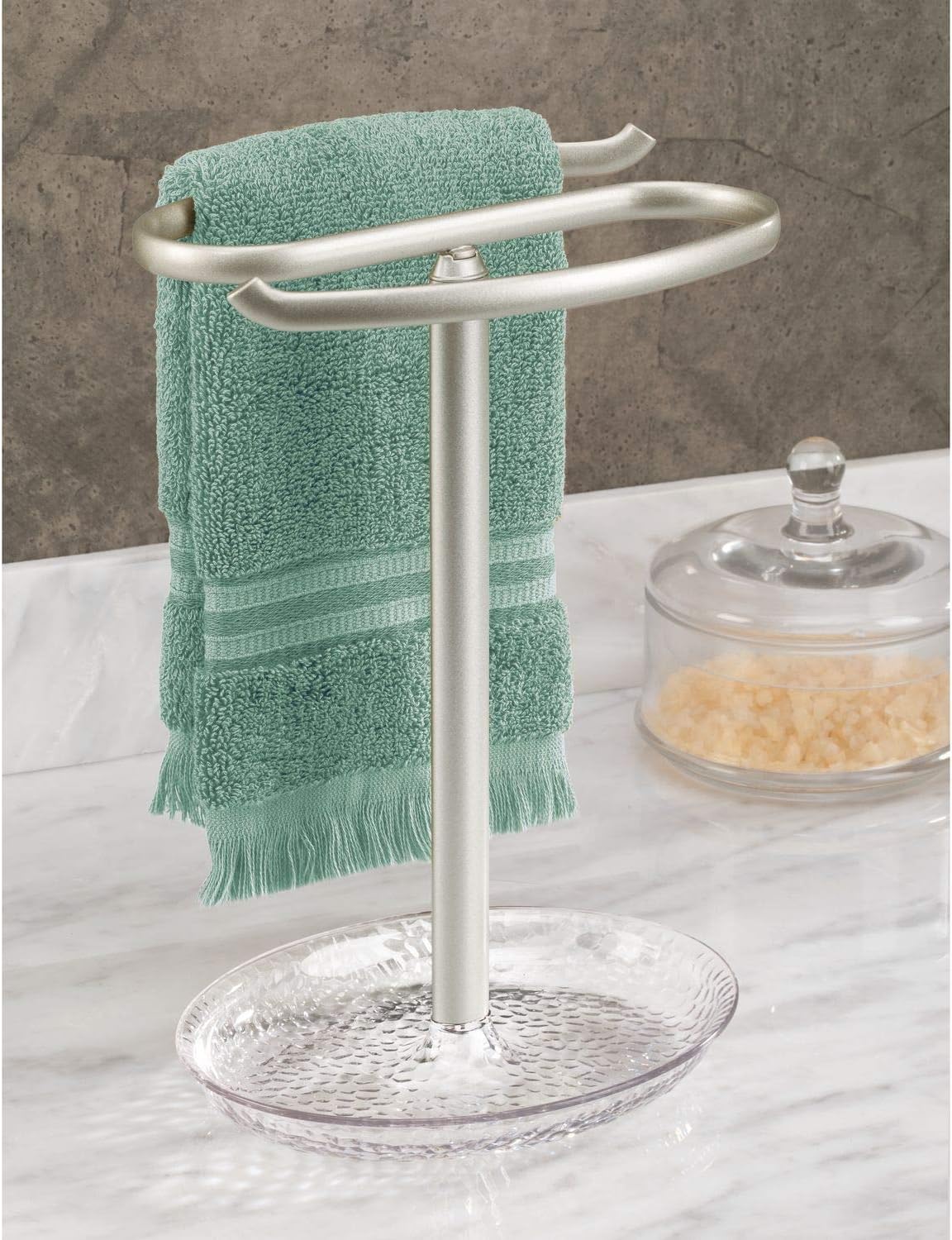 mDesign Decorative Metal Fingertip Towel Holder Stand with Base Tray
