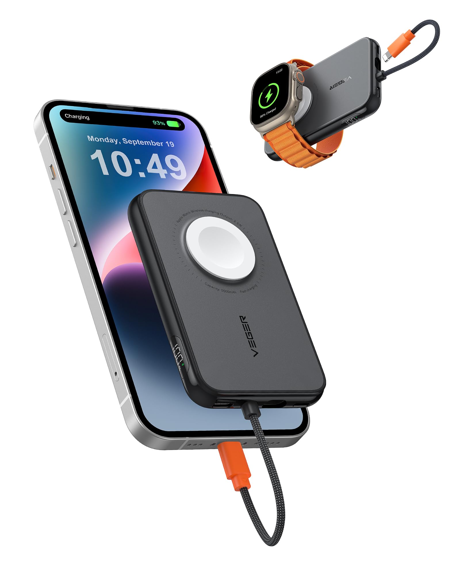 Photo 1 of VEGER Portable Charger for iPhone with Built in Cable, 5000mAh Mini Power Bank Battery Pack, PD 20W Fast Charger Travel Essential Compatible with iPhone14/13/12/Pro Max, Andorid, Apple Watch-Black