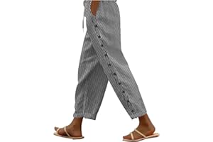 Striped Linen Pants for Women Wide Straight Leg Side Button Pants 2026 Ladies Pinstripe Trousers with Pockets