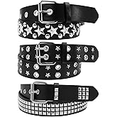 DRABPOI 3Pcs Black Studded Belt Set Y2K Star Belt Gothic Punk Rock Belts with Metal Pyramid Grommets for Women & Men