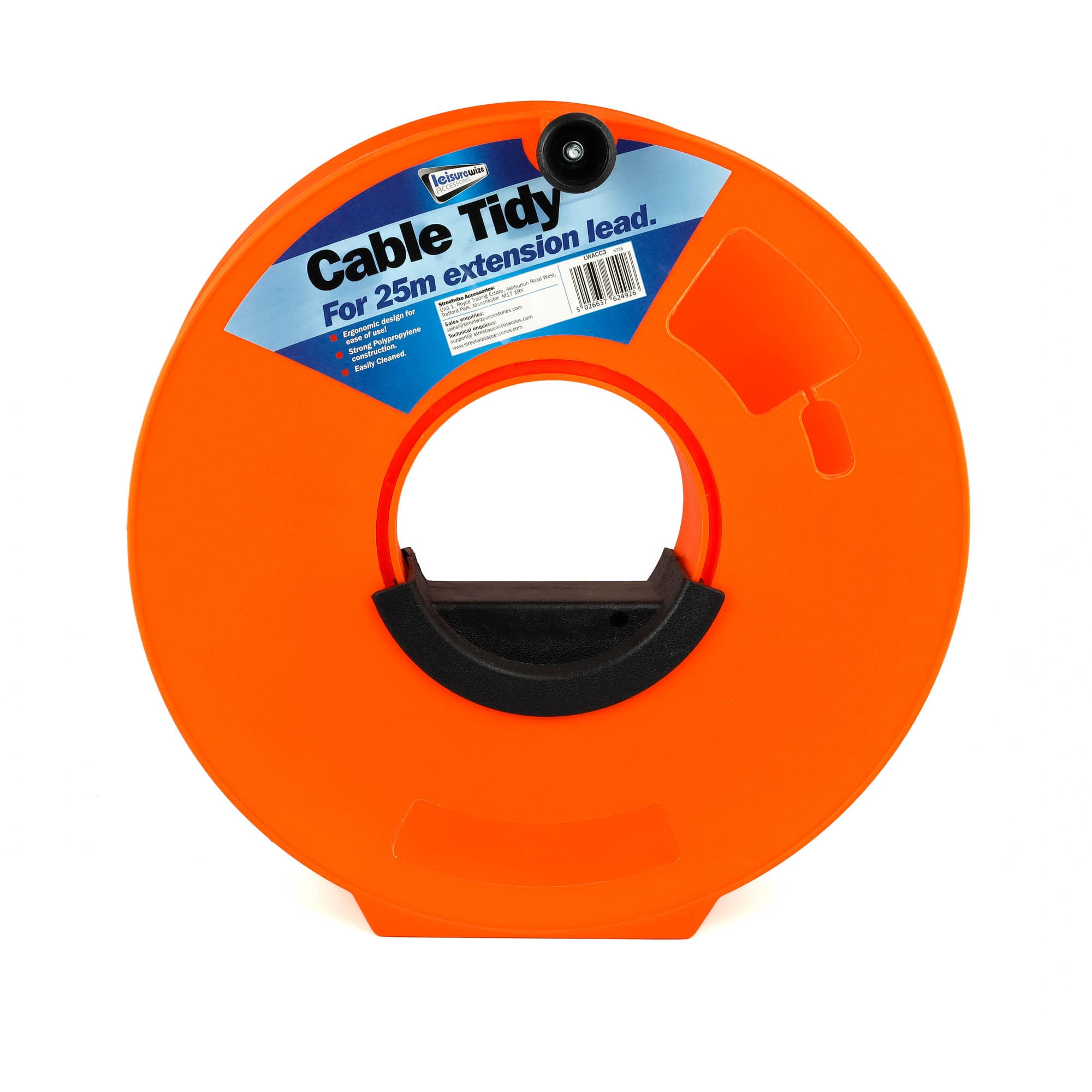 Leisurewize - Heavy Duty 25m Cable Reel Tidy with Handle | Cable Management | 230v Caravan Mains Organiser | Neon Orange | Durable Construction | Rope String Light Caravan Cable Storage LWACC3