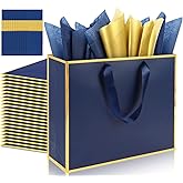 Addblu 12 Pack Large Gift Bags with Handles - Includes 36 Tissue Papers, 11.8x10x4 Inches for Thank You, Wedding, Bridesmaid, Birthday Party, Valentine's Day, Holiday (Navy Blue and Gold Trim, 12Pcs)
