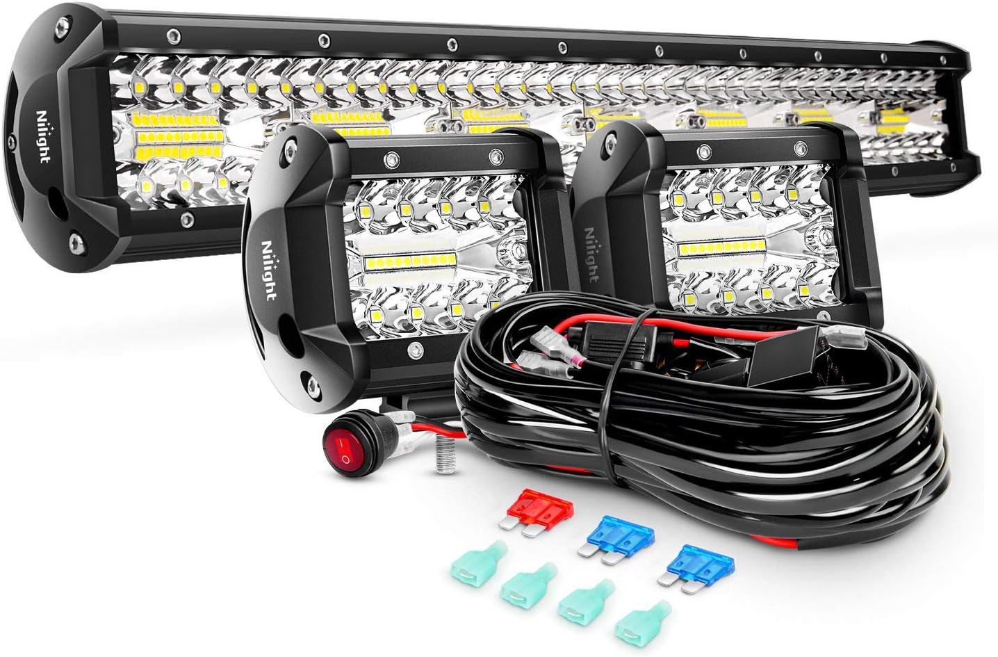 Nilight ZH412 Bar Set, 20 Inch 420W Triple Row Spot Flood Combo Work Driving Lamp, 2Pcs 4 Inch 60W Cube LED Pods Lights with Off-Road Wiring Harness-3 Leads, 2 Year Warranty: Automotive