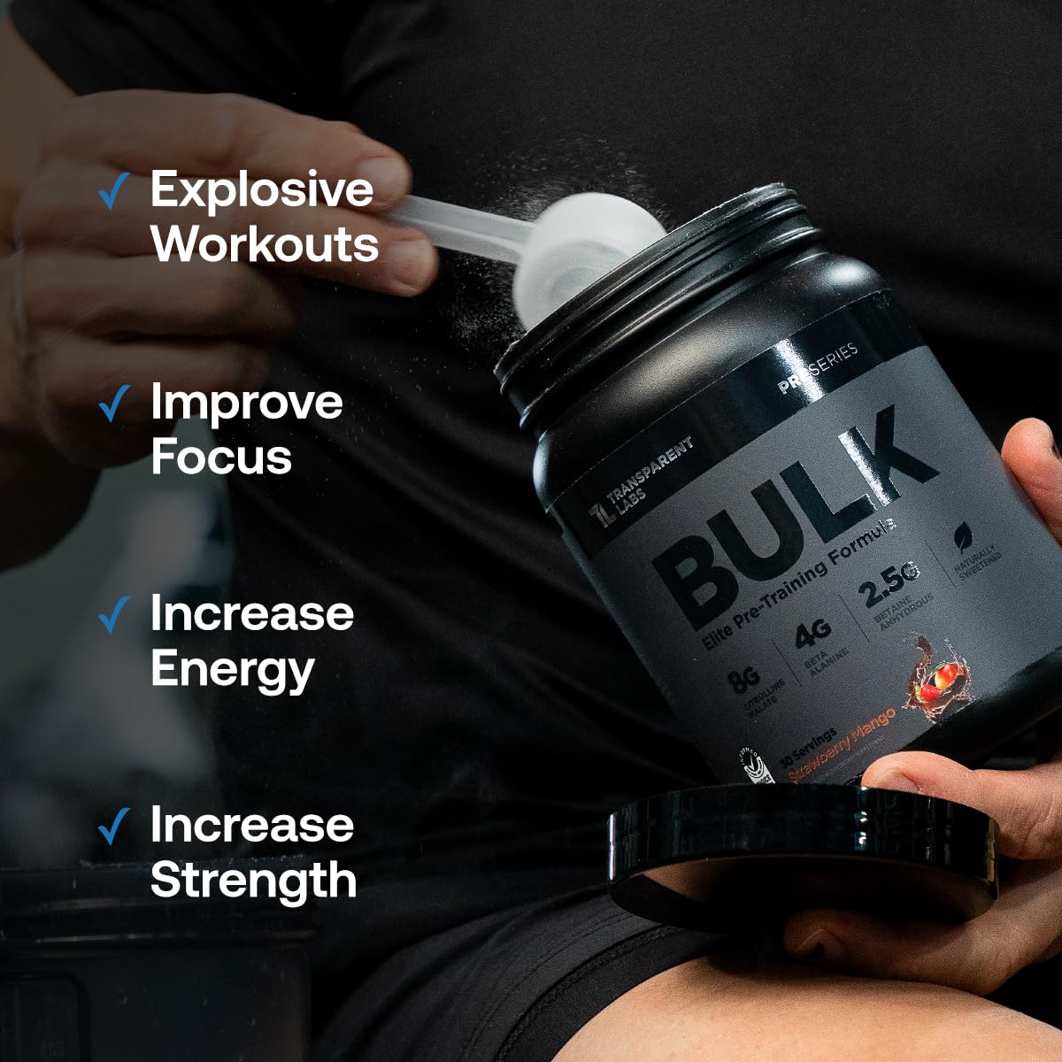Transparent Labs Bulk Black Pre Workout - Clinically Dosed, Sugar Free Preworkout for Men and Women with Beta Alanine Powder, Citrulline Malate, & Caffeine - 30 Servings, Cherry Kiwi