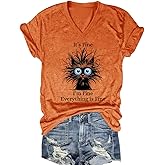 Nebere Womens I'm Fine Everything is Fine V Neck T-Shirts Short Sleeve Funny Shirt Casual Cute Cat Graphic Tee Tops