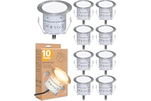 HIBOITEC Recessed LED Deck Light Kits(10 Pack), 12V Low Voltage Landscape Lighting IP67 Waterproof Outdoor Step Stair Lights Warm White Deck Lighting for Garden Yard Steps Stair Patio Floor Decoration