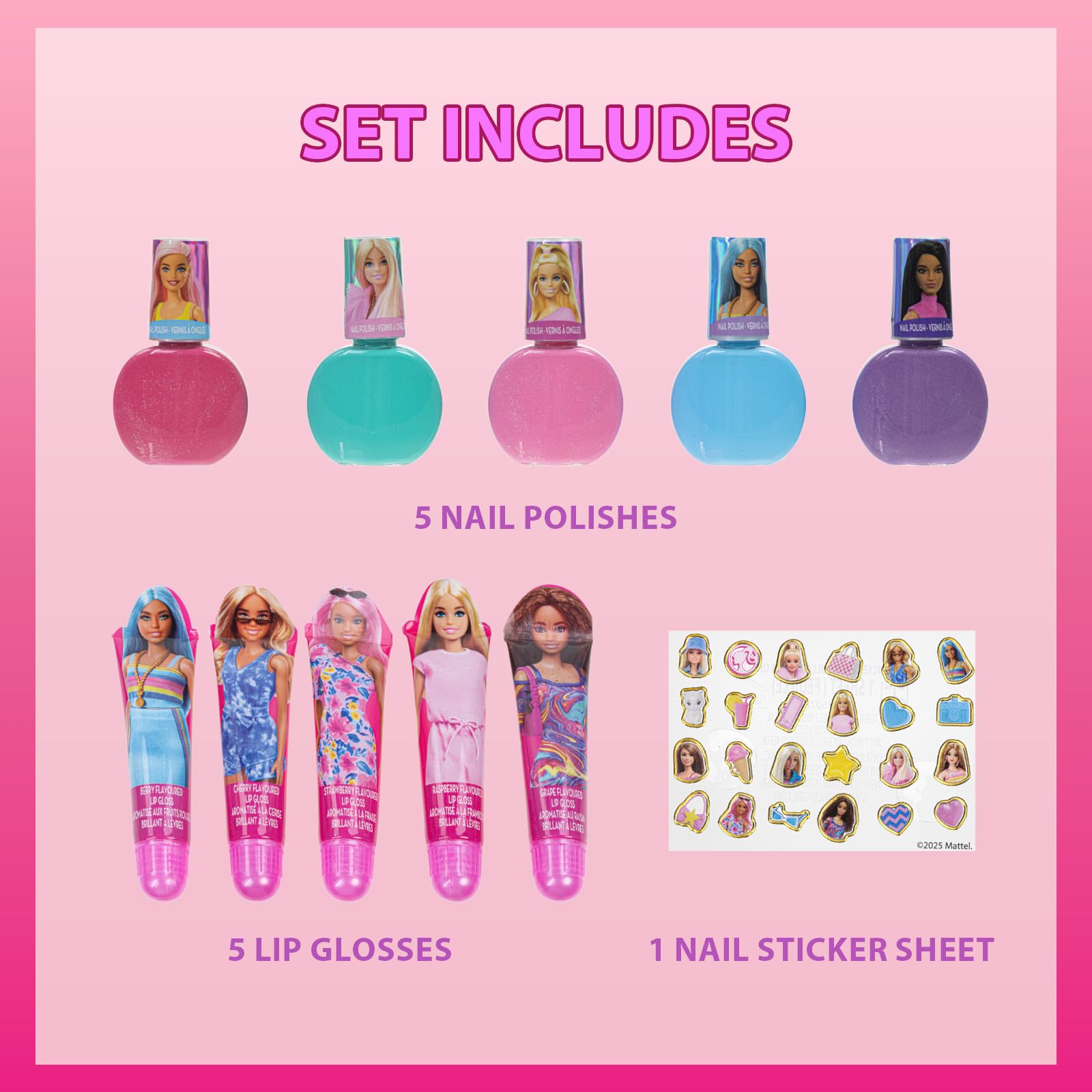Barbie Cosmetic Makeup Set for Girls with Super Sparkly Lip Gloss Nail Polish and Nail Stickers 11 Pieces, Perfect for Parties Sleepovers Makeovers, Birthday Holiday Gift, Ages 3+, By Townley Girl