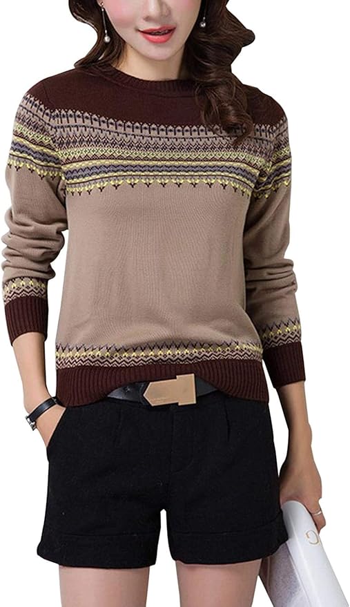 Women's Contrast Color Long Sleeve Soft Round Neck Slim Fit Knit