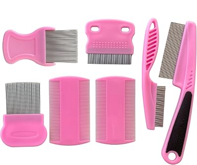 FurCare Flea Comb 7 Pieces Set Pink Stainless Steel Grooming Kit for Cats Dogs