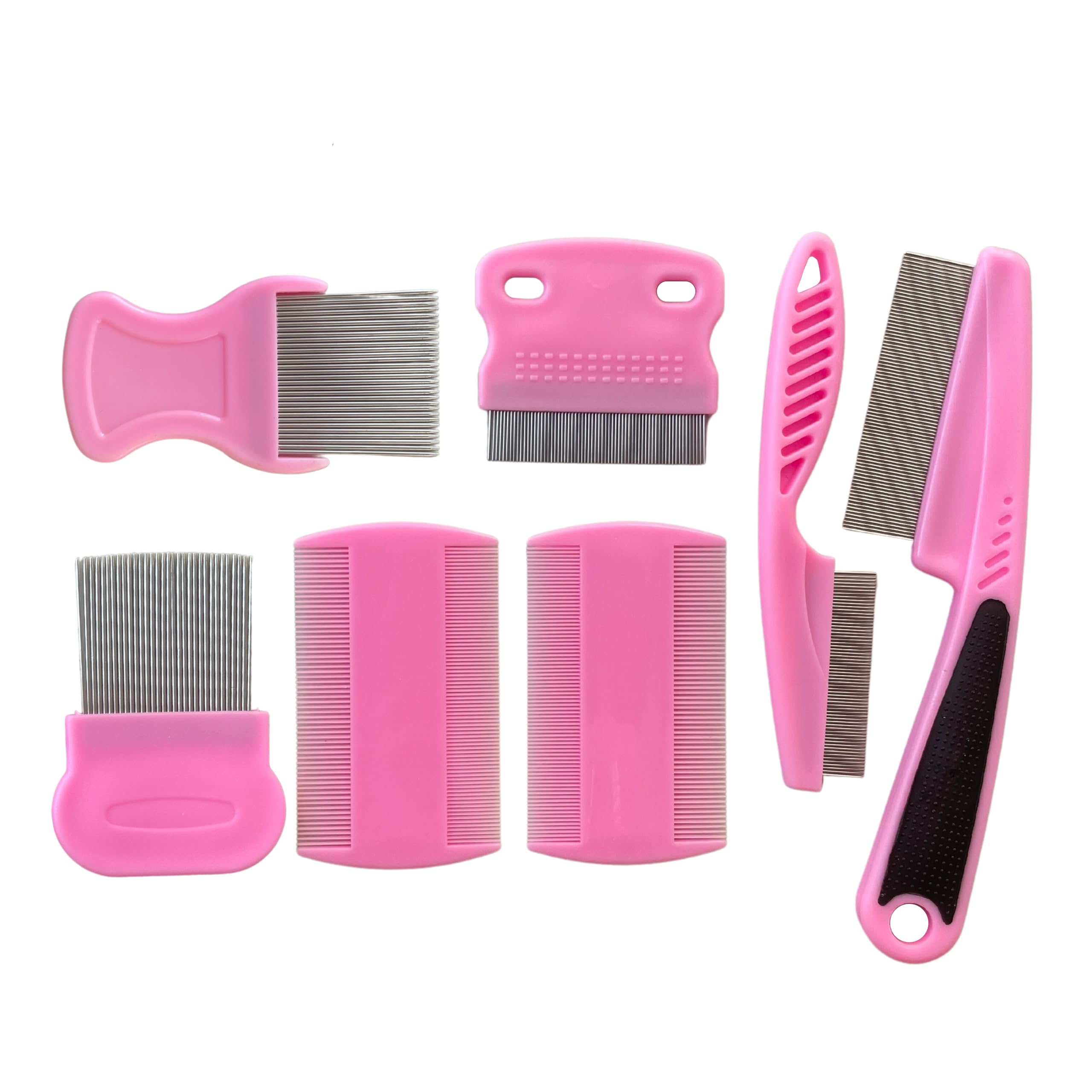 Flea Comb 7 Pieces Set for Cats and Dogs to Kill Fleas and Eggs, Kitten Comb Stainless Steel Lice and Tick Combs for Cats (Pink Colour) (Flea Comb)