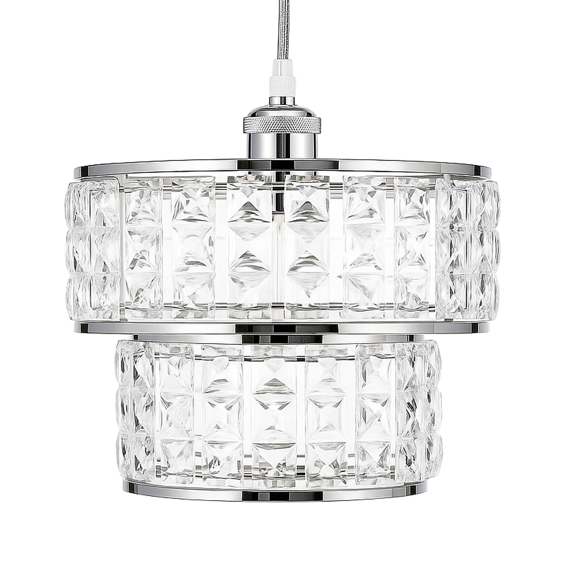 Innoteck Acrylic Drum 2 Tier Ceiling Pendant Light Shade – Modern Sparkly Lampshade with Chrome Finish, E27 to B22 Adaptor Included – Ideal for Living Room & Bedroom Décor