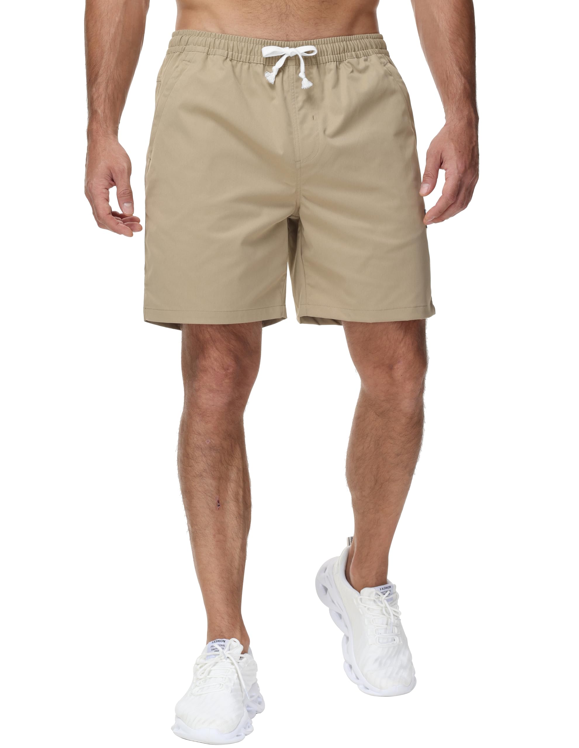 YuKaiChen Lässige Shorts Herren Kurze Hosen Sommer Klassische Twill Tunnelzug Stretch Elastische Taille mit Reißverschlusstaschen Größe L Khaki 2
