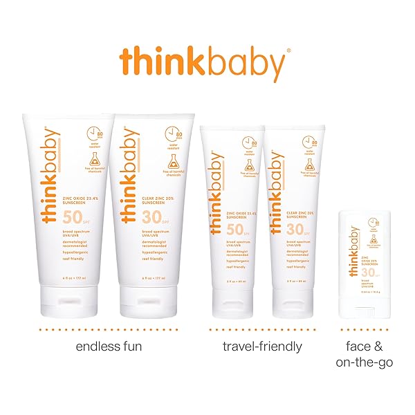 THINKBABY SPF 50+ BABY MINERAL SUNSCREEN – SAFE, NATURAL SUNBLOCK FOR BABIES – WATER RESISTANT SUN CREAM – BROAD SPECTRUM UVA/UVB SUN PROTECTION – VEGAN BABY SUNSCREEN LOTION, 6 OZ.