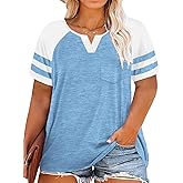 VISLILY Plus-Size Tops for Women Summer V Neck T Shirts Color Block Raglan Tees XL-4XL