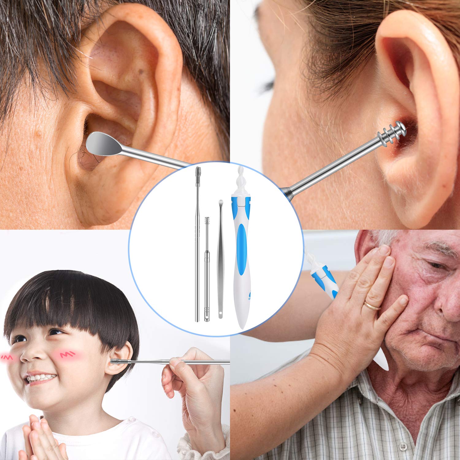 SHINCO 5Pcs Ear Pick Earwax Removal Kit with Storage Box + Smart Ear Swab with Soft Spiral Cleaner,Ear-Pick Tools Ear Care with 15 Replacement Tips