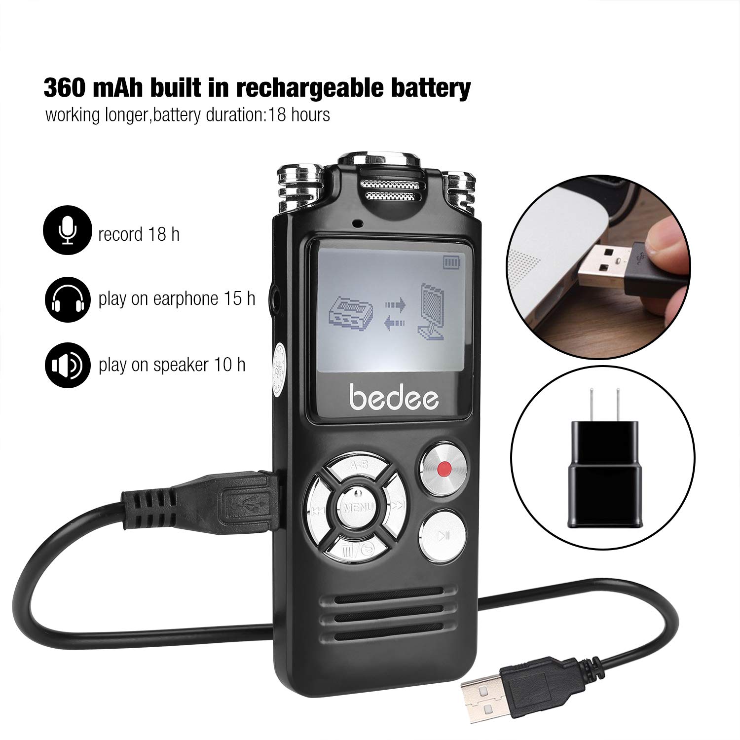 Voice Recorder bedee Audio Recorder Voice Activated Digital Voice Recorder Small Dictaphone Recording Device 8GB Memory 1536kbps/10 Hrs Storage Capacity with 2 Clear Microphone for Interviews Lectures Class Meetings Concert Conference