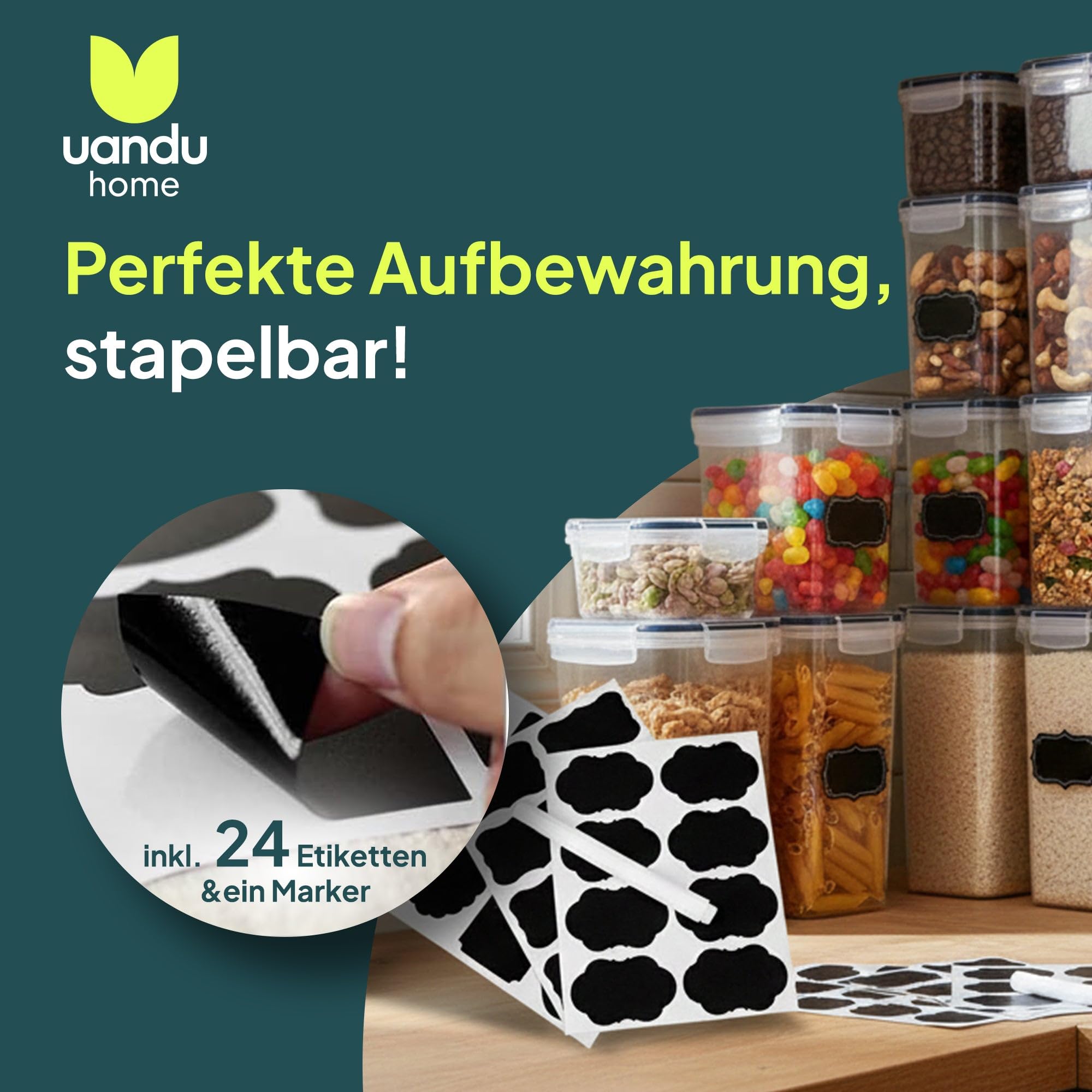 uandu Vorratsdosen mit Deckel luftdicht – 24er Vorratsbehälter Set BPA Frei, Reisbehälter, Aufbewahrungsbox Küche für Müsli, Mehl & Zucker, Mit Schreibstift und Etikett 3