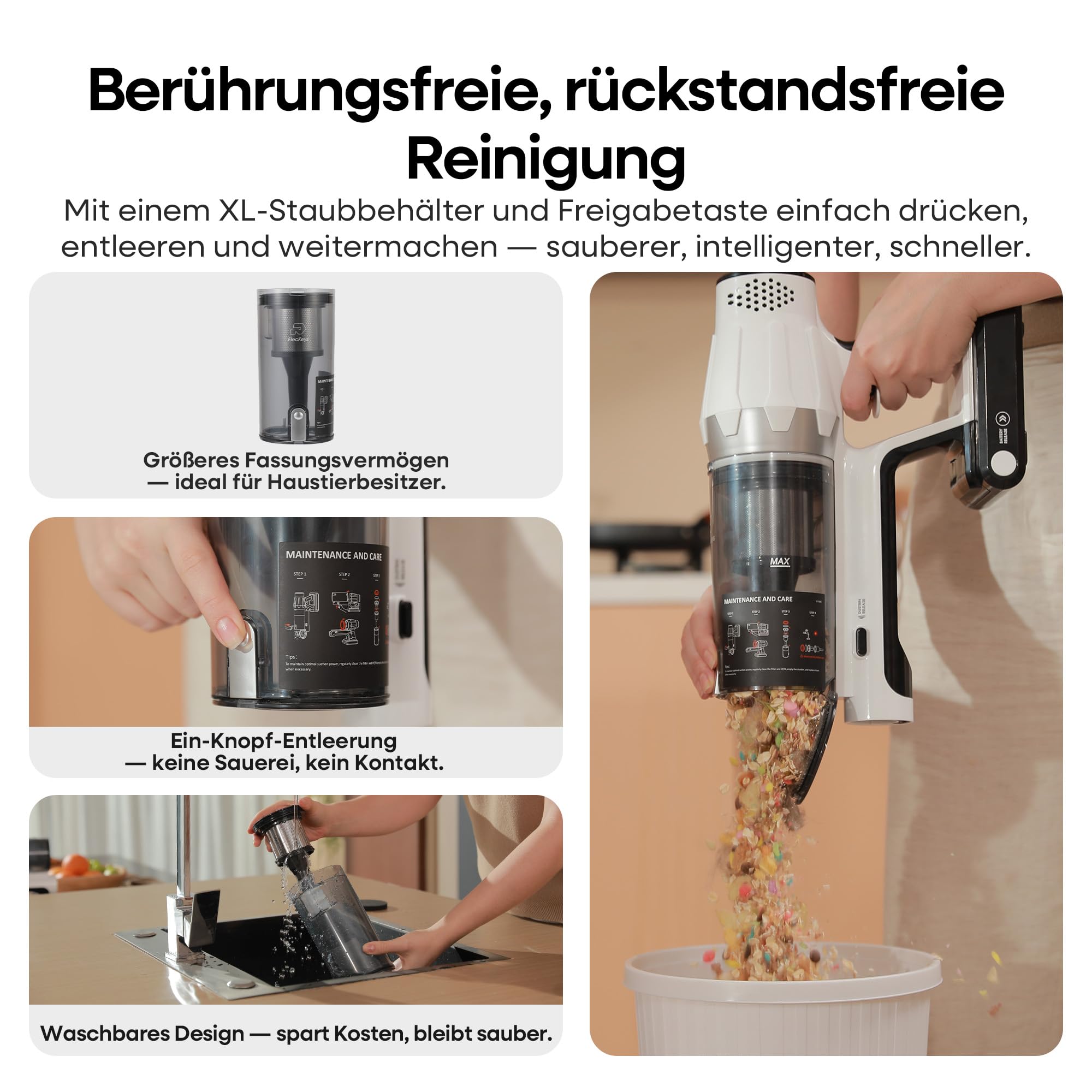 ElecKeys Akku Staubsauger 48000Pa/580W/65Min, Staubsauger Kabellos mit LED Display, Anti-Tangle-Bürste, Selbststehend, 7-Schicht-Filtration, Akkustaubsauger für Hartböden Teppiche Tierhaare, Weiß