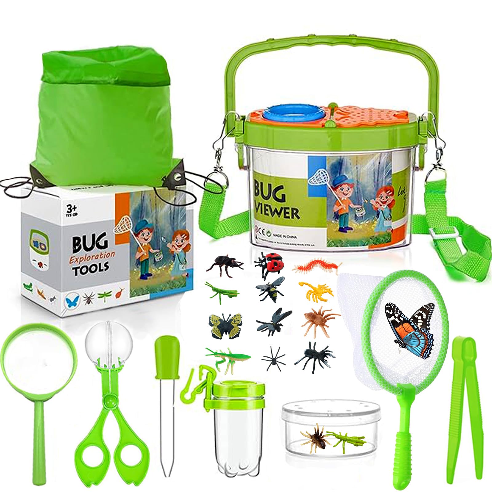 Gdbykds Outdoor Toys, Bug Hunting Kits for Children - 20 Pcs Explorer Kit for Kids with 12 Fake Insects, Magnifying Glass, Bug Catcher, Christmas Educational Toys 4 Year Old Boy birthday Gifts