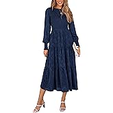 PRETTYGARDEN Women's Fall Spring Midi Dress Long Sleeve Floral Smocked Elegant Wedding Guest Long Flowy Dresses with Pockets