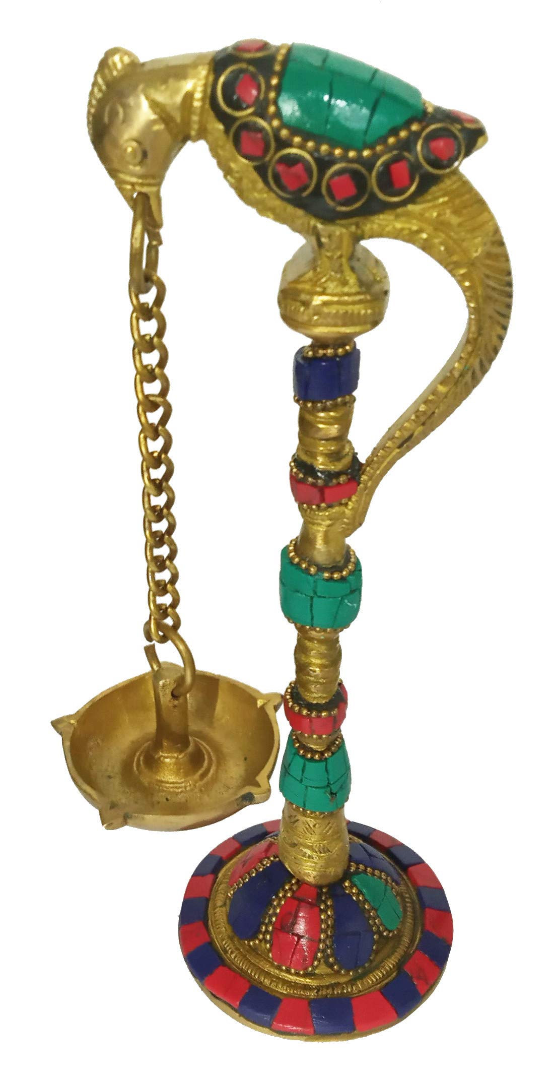 Purpledip Brass Peacock Oil Lamp: Hanging 5-Diya Deepam with Gemstones (11577A)