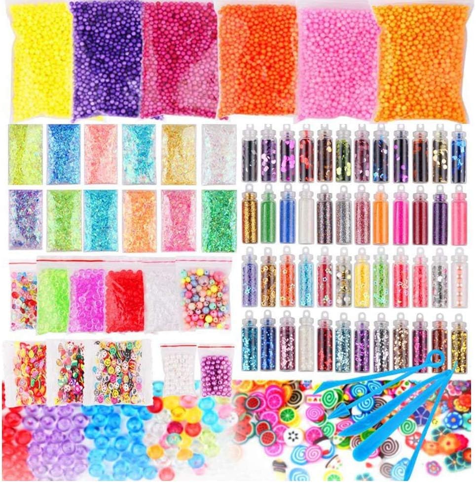 Colle 82 Pack Slime Making Supplies Kit Slime Beads Charms Include Foam Balls,Glitter Jars, Fishbowl Beads,Fruit Flower Animal Slices, Pearls, Slime Tools for Girl Slime Party DIY Slime Homemade