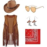 Dwieey Cowgirl Outfits for Girls Kids 6 Pcs Western Costume Accessories Cowboy Hat Fringe Vest Earring for Halloween Party