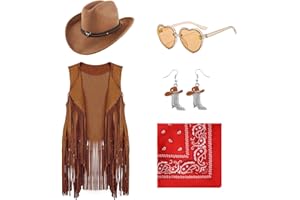 Dwieey Cowgirl Outfits for Girls Kids 6 Pcs Western Costume Accessories Cowboy Hat Fringe Vest Earring for Halloween Party