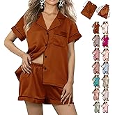 WJing Yi Jia Womens 3Pcs Floral Pajamas Sets Silk Satin Sleepwear XS~4XL Button Down Short Sleeve Shirt Pjs Loungewear- Size: 3XL