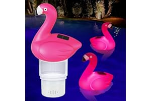 Uekars Solar Pool Chlorine Floater, Flamingo Chlorines Floater with Light, Glow in Dark Chlorines Tablet Floater (Red, 11 in)
