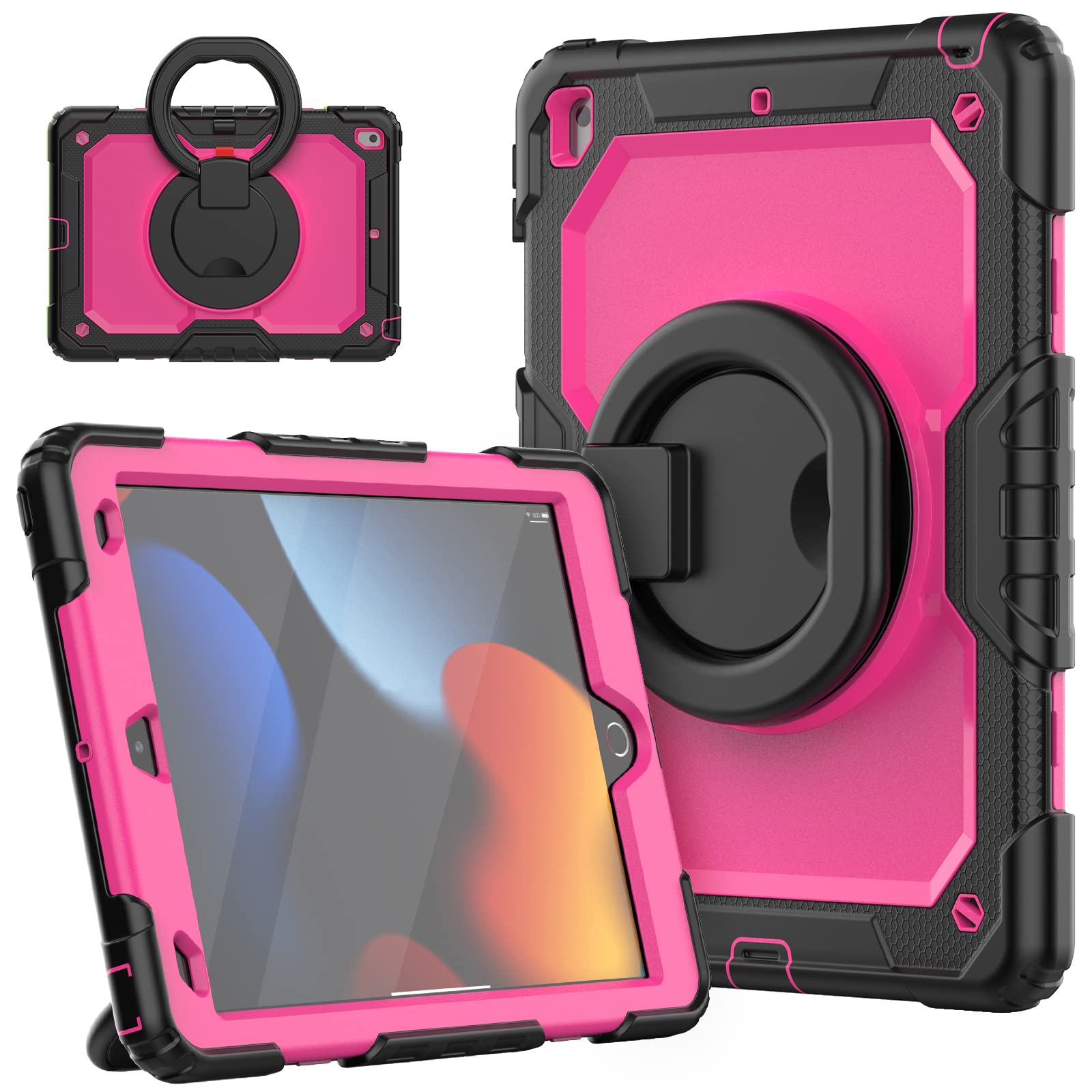 HUEZOE Case for iPad 10.2 Inch, Model 2021/2020/2019 Shockproof Full Body Protective Cover with 360 Degree Rotating Stand Shoulder Strap for iPad 9/8/7, Pink Black