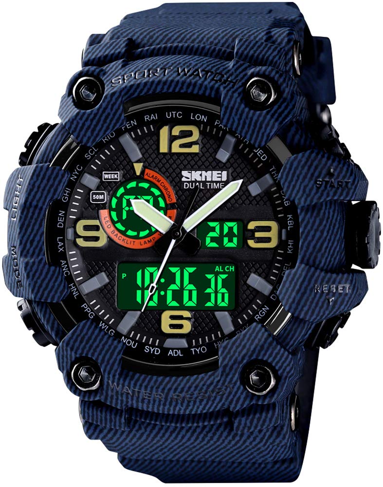 Gosasa Men's Large Face Outdoor Sports Watches Military S-Shock Watch Waterproof, Backlight, Alarm, Stopwatch Features - Rugged Wristwatch for Training, Hiking, and Adventure, A _1520_Denim&Blue, Big,