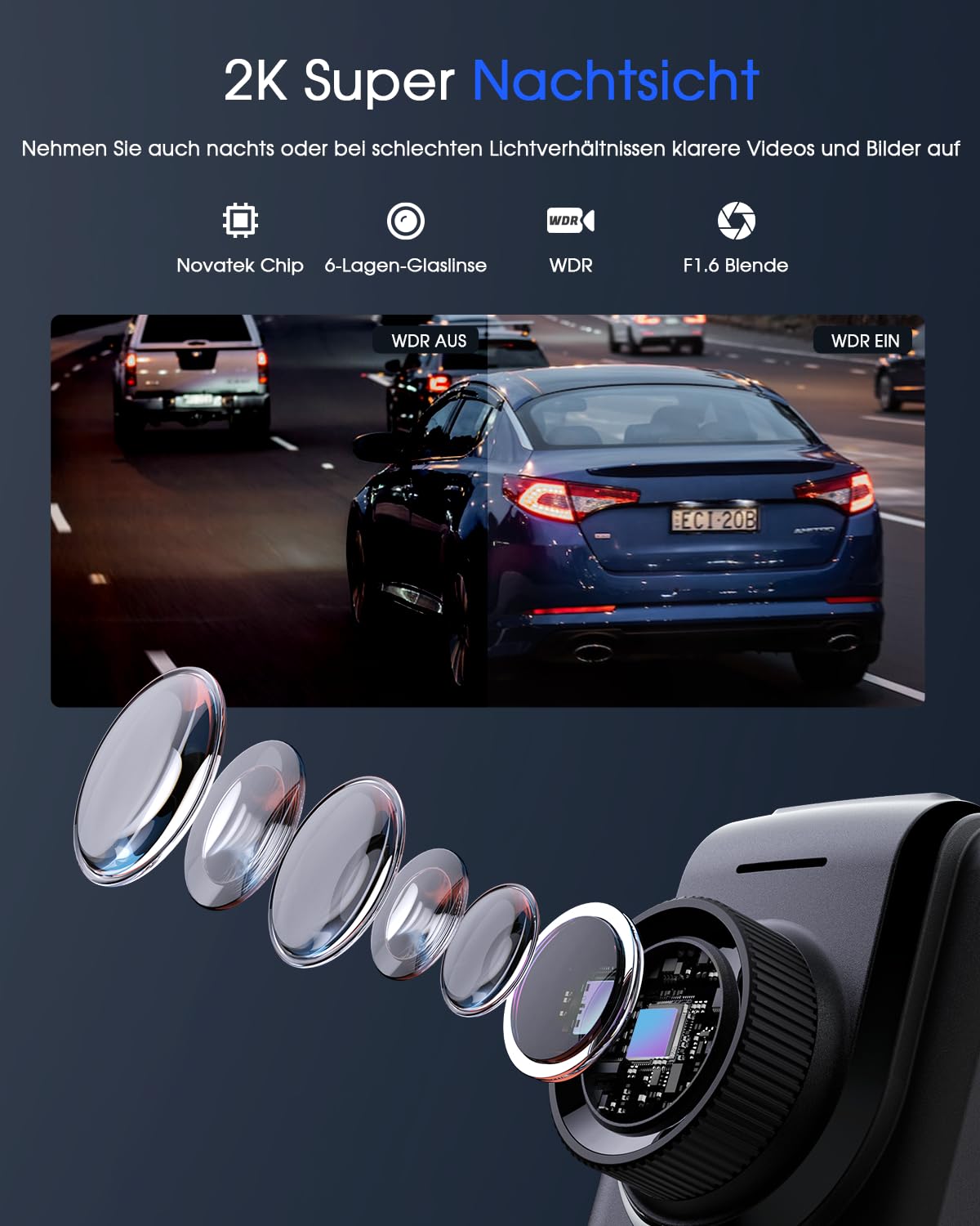Avylet Dashcam Auto 2K, 1440P WiFi Dash Cam, Mini Vorne Autokamera Unterstützt externes GPS, 1.5" IPS-Bildschirm, APP, Super Nachtsicht, WDR, 24/7 Parküberwachung, Loop-Aufnahme, G-Sensor 5