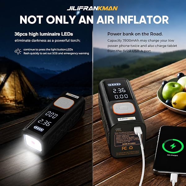 JILIFRANKMAN AU08 PRO 12V 135W 40L/MIN CORDLESS TIRE INFLATOR FOR CAR TIRES WITH DIGITAL PRESSURE GAUGE, LED LIGHT AND AUTO SHUT-OFF FUNCTION – PICKUP TRUCK,SUV，CAR, MOTORCYCLE, BICYCLE, BALL