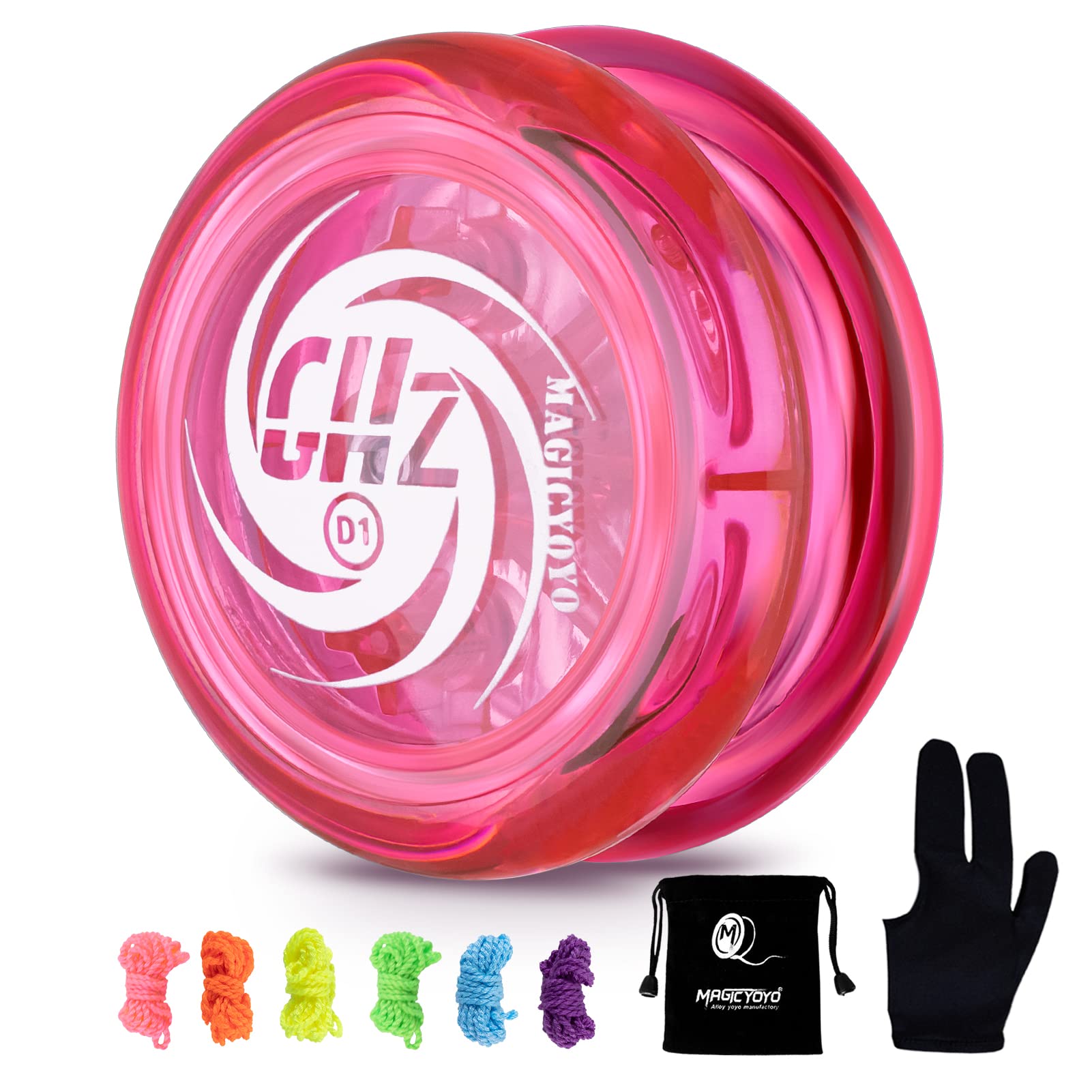 MAGICYOYO Responsive Yoyo D1 GHZ, 2A Lopping Yoyo for Kids, Professional Plastic Yo Yo for Beginners + 6 YoYo Replacement Strings + YoYo Glove + Yo-yo Storage Bag (Crystal Pink)