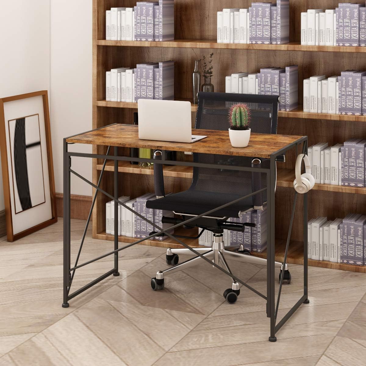 Engriy Folding Computer Desk, 39" Writing Study Desk for Home Office, Simple Industrial Style Wood Table Metal Frame for PC Laptop Notebook: Kitchen & Dining