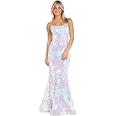 Long Floral Patterned Sequin Prom Dress W/Spaghetti Straps, Cut Out Back & Trumpet Hemline