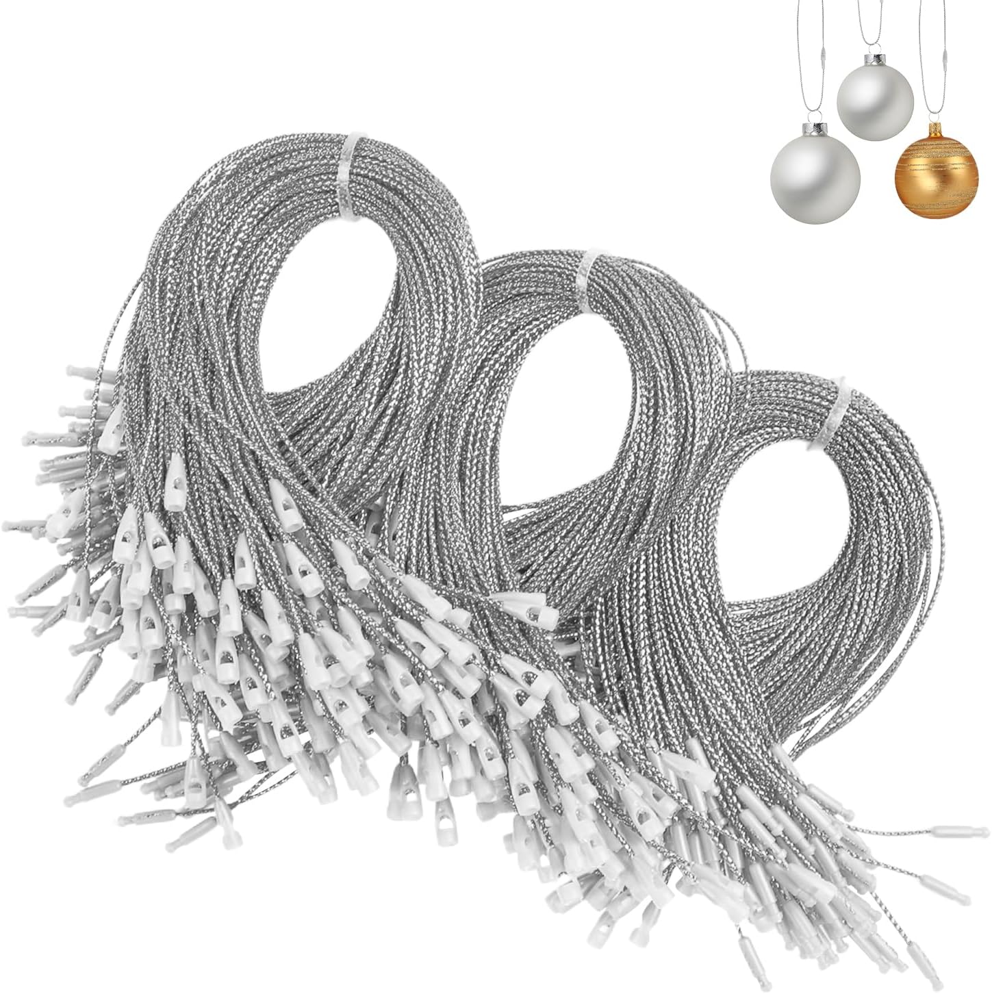 Ornament Hooks - DIYASY 300Pcs Christmas Ornament String Hangers, Silver Ornaments Hooks for Christmas Tree Ribbon Hanger Strings Decorations with Snap Fastener Polyester Precut Hanging Ropes