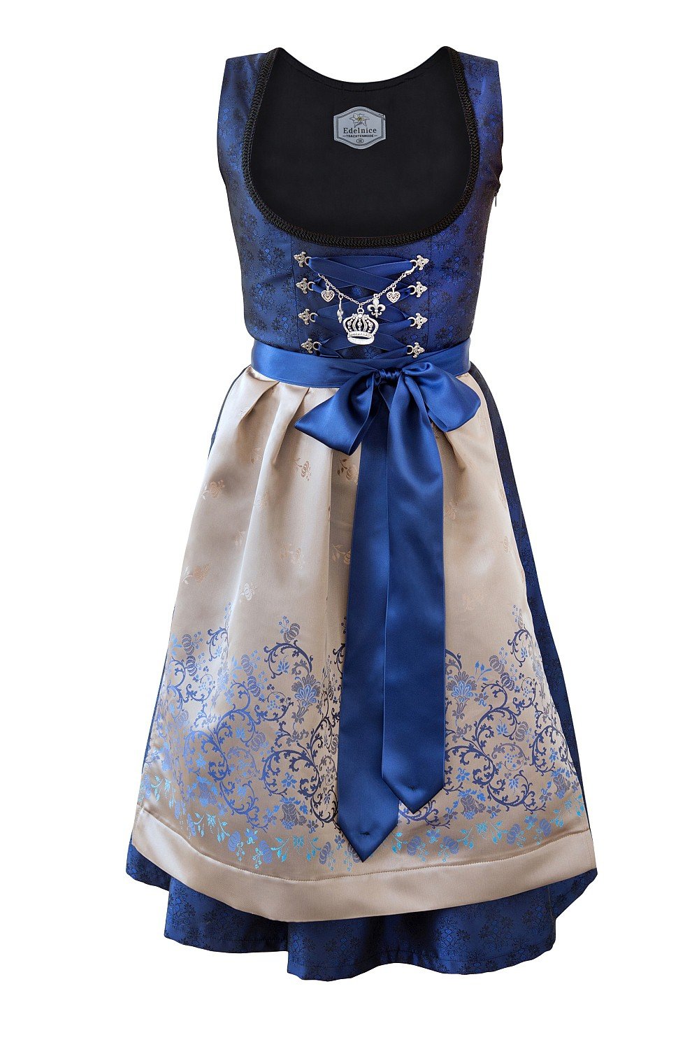 Edelnice Trachtenmode Exclusive Designer Midi Royal Blue Gold with Beautiful Apron and Charivari Gr. 3452 (38)