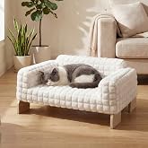 Veehoo Elevated Cat Bed Indoor, Wood Furniture Style Cat Couch Sofa | Indoor cats couch bed, removable washable cover, easy assembly, cozy fluffy cushion