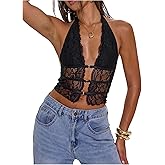 SOLY HUX Women's Lace Sheer Hollow Out Y2k Halter Top Backless Deep V Neck Crop Vest Shirts