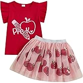 PUHHAPIEY Toddler Baby Girl First Day of School Outfits Ruffle Apple Kindergarten Ribbed Knit Shirt + Tulle Tutu Skirt Set
