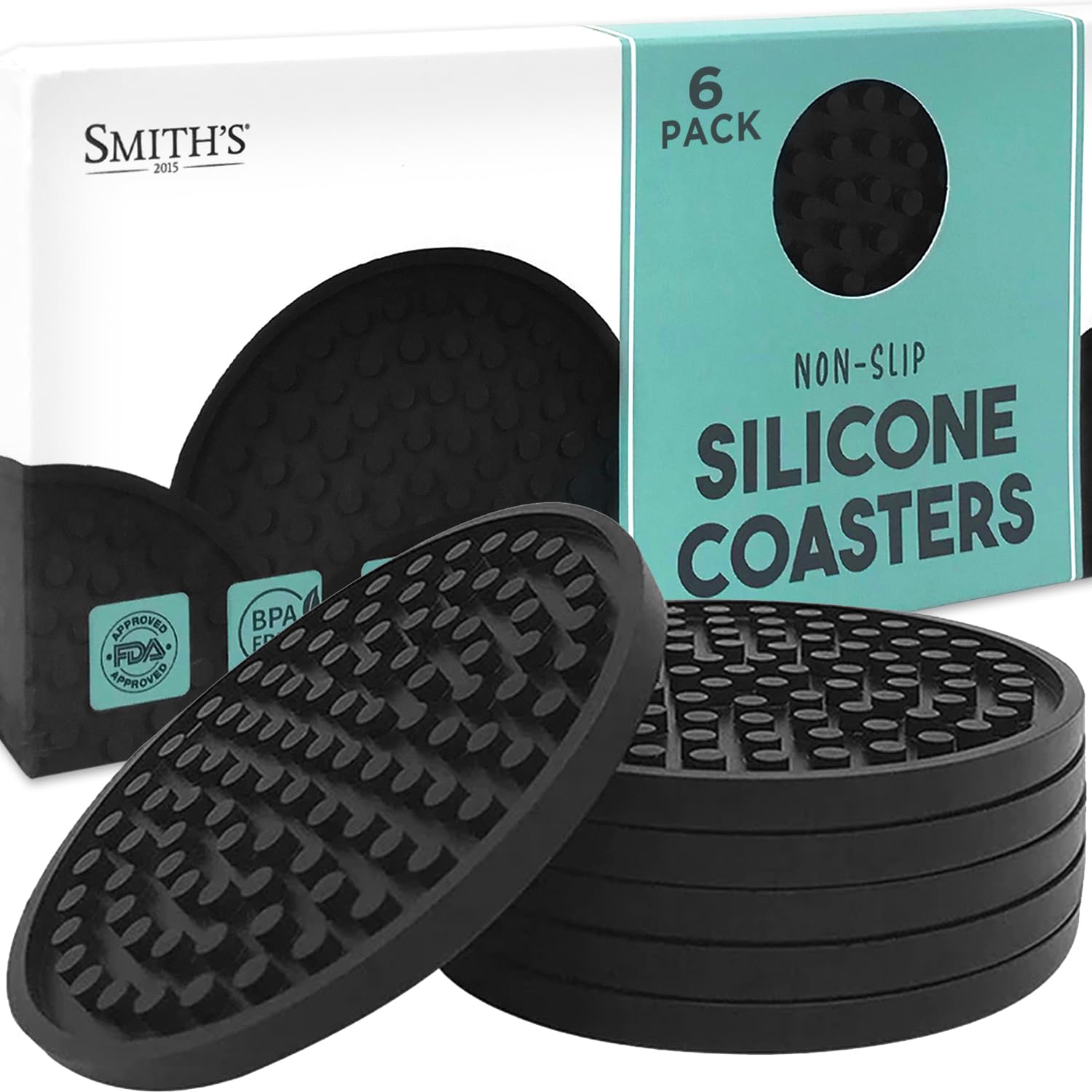 6 Pack Silicone Coasters by Smith’s® | 10cm Diameter | Black / V1 | Round | Anti-Slip Base | Safe, Non-Toxic Silicone | Safe for All Surfaces