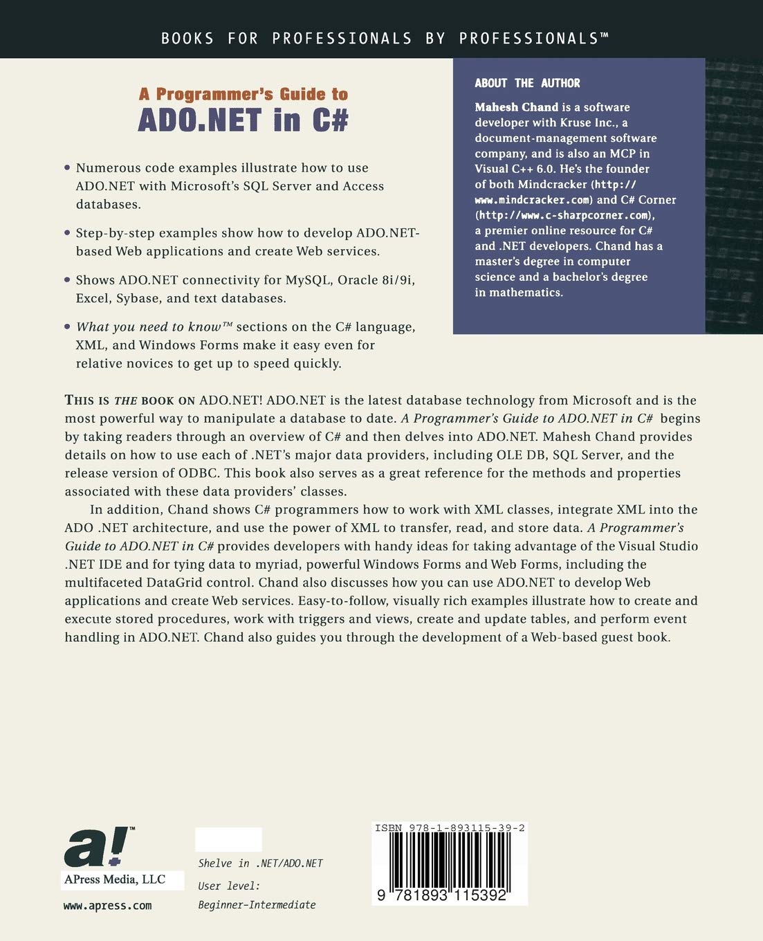 A Programmer S Guide To Ado Net In C Mahesh Chand 0689253153994 Amazon Com Books